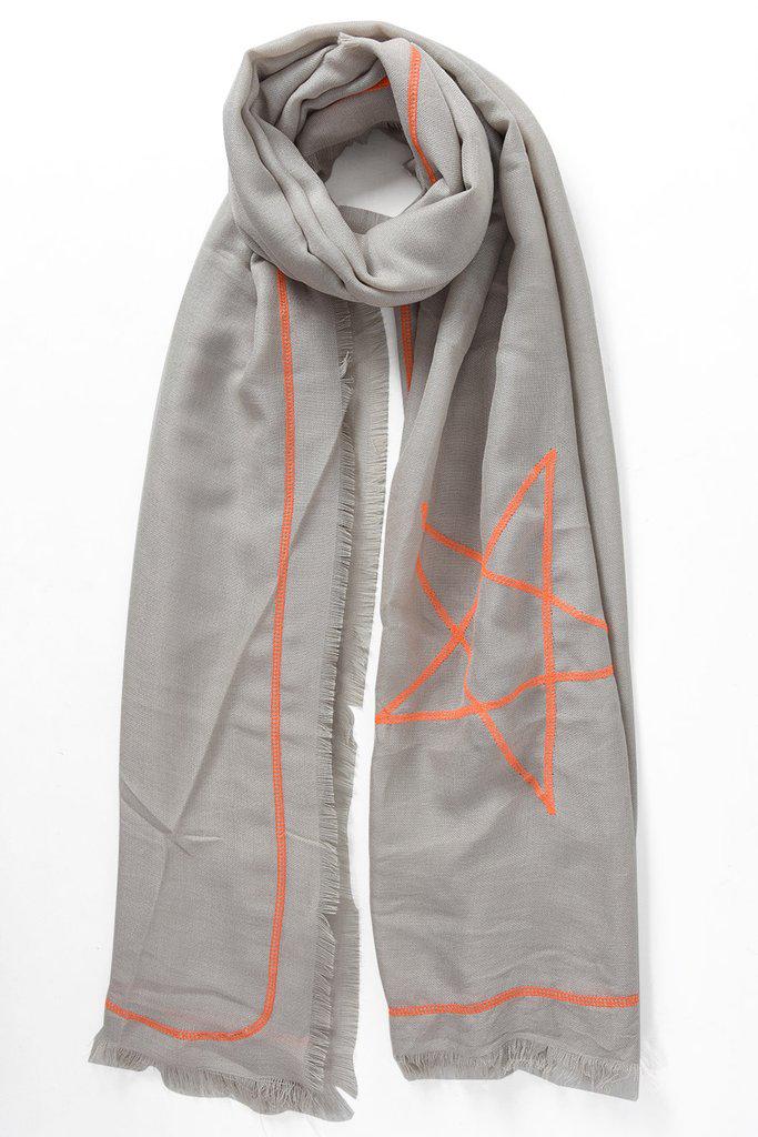 Pale Grey Large Scarf with Fluoro Orange Star