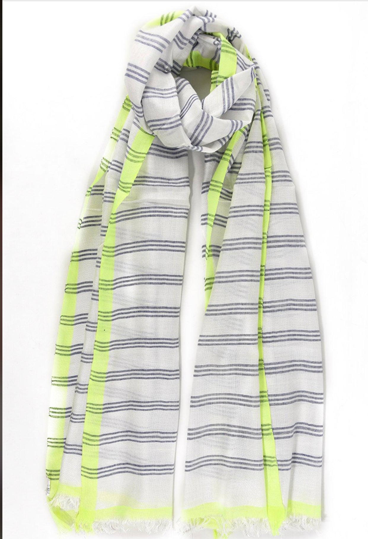 Blue & white stripey scarf with fluoro yellow trim