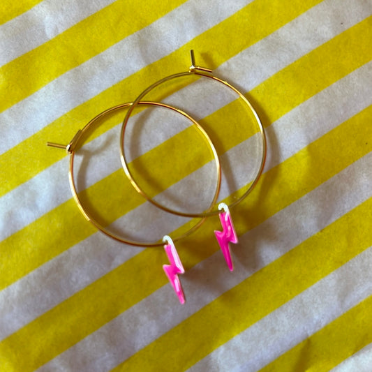 Gold Hoops with PINK lightning bolt
